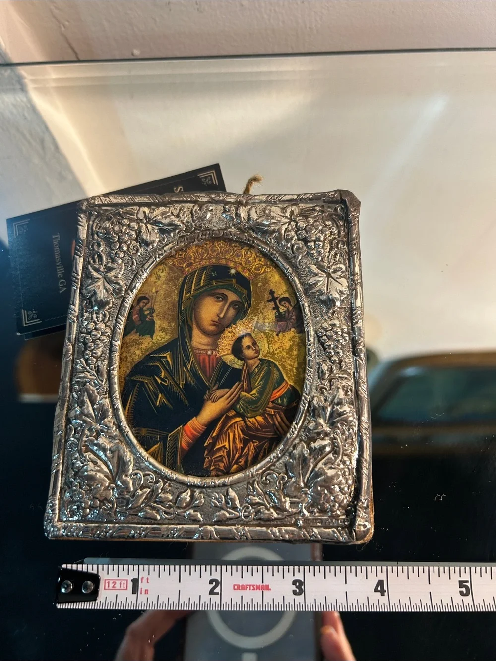 Religious Icon Plaque with Silver Embossed Frame - Gold and Blue 4.5” x 4”